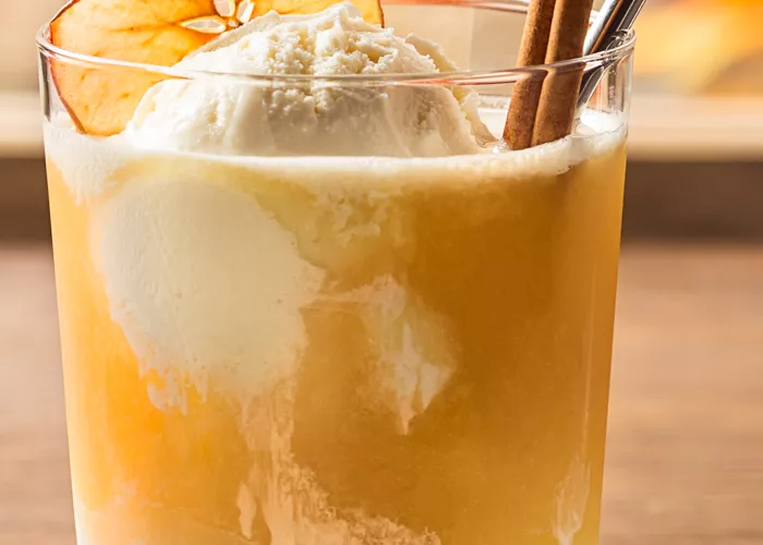 Glass of Apple Cider Float topped with icecream and cinnamon stick