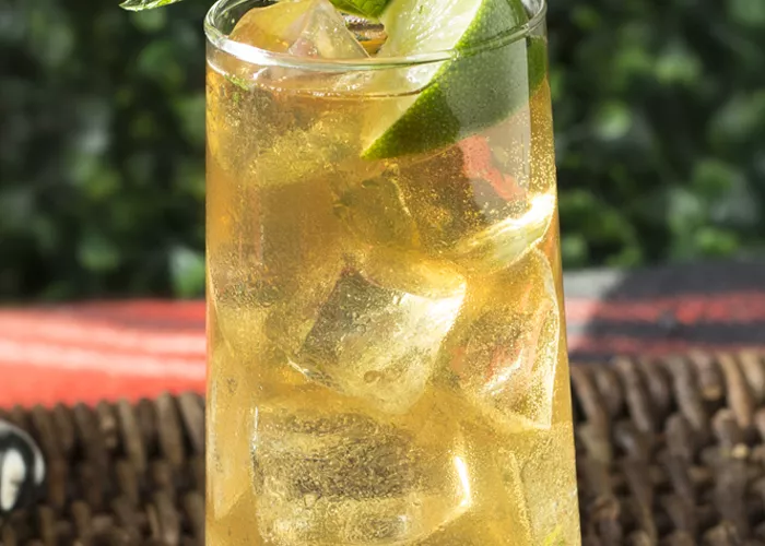 Glass of Derby Spritzer garnished with mint leaves and lime wedge
