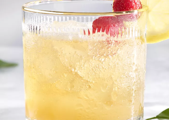 A glass of CV® The French Twist garnished with Lemon Wheel, Raspberries