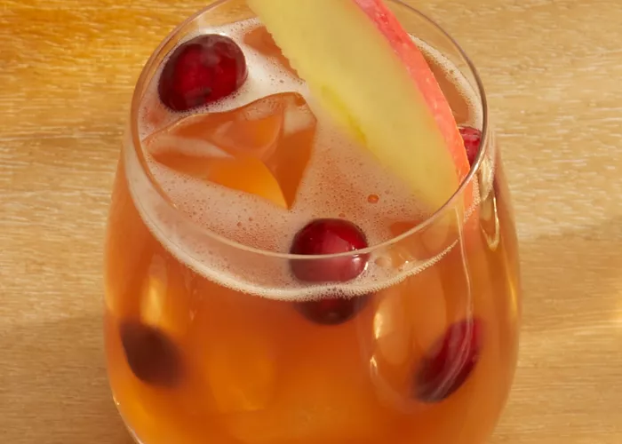 Glass of Cruzan® Cranberry Cider Punch garnished with apple slice and cranberries