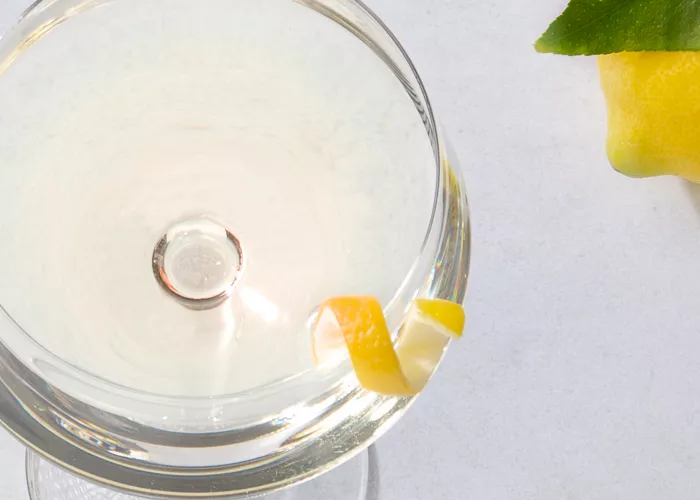 A glass of Vesper garnished with lemon peel