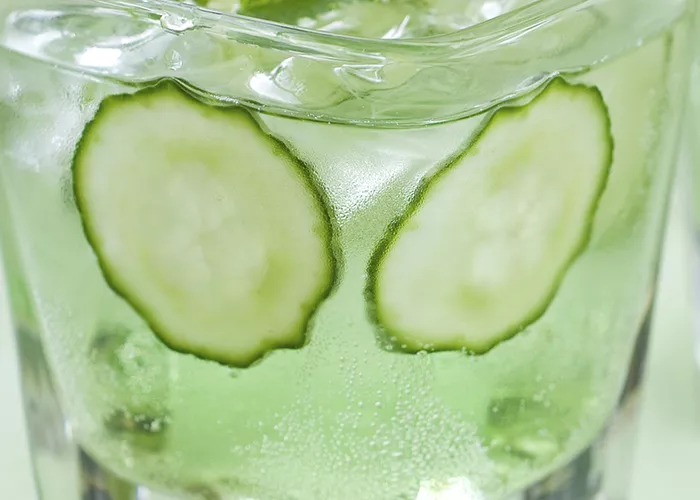A glass of Cucumber Martini garnished with mint leaves, cucumber wheel and ice cubes