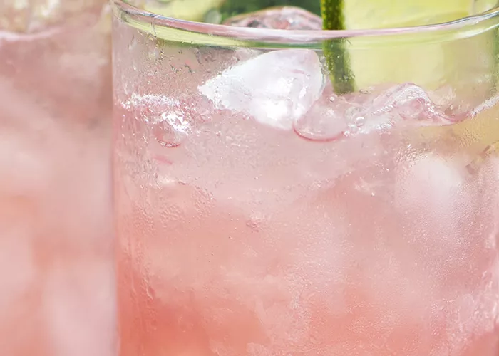 Two glass of Blushing Margarita garnished with  ice cubes and the wheel of lemon on rim