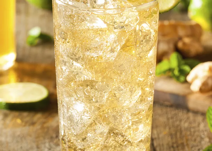 A glass filled with cocktail with ice and lemon