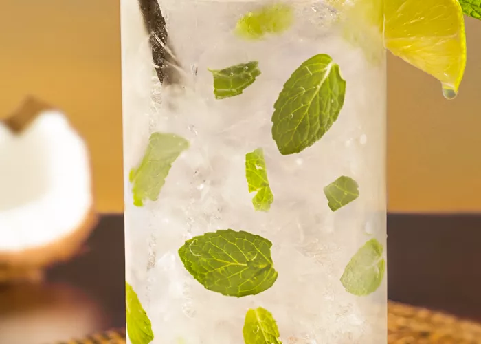 Glass of Classic Mojito garnished with mint leaves, lemon wedge and straws