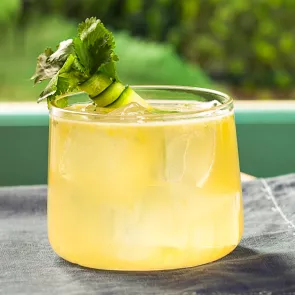 Glass of Everblooming Fizz garnished with sprig of cilantro wrapped with a thin slice of fresh cucumber 
