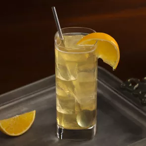 Glass of Derby Fizz garnished with orange wedge