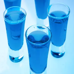 Five glasses of Cubbie Blue