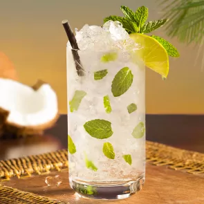 Glass of Classic Mojito garnished with mint leaves, lemon wedge and straws