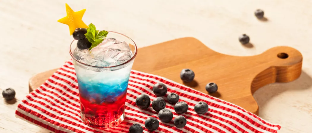 Glass of Citrus-Spangled Spritzer garnished with mint leaves, lemon rind star and berries on red white striped cloth alongside some blueberries on wooden tray