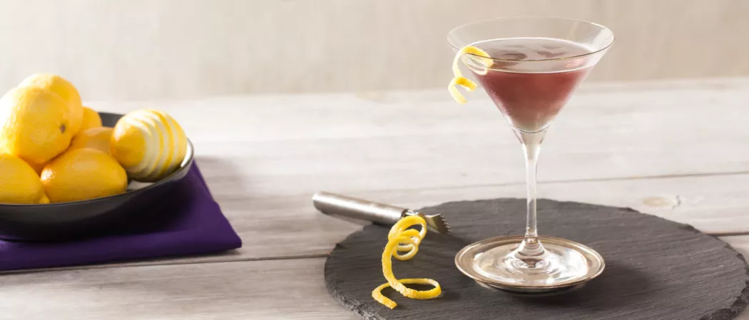 100% 11 C257  A Purple Haze Martini glass, garnished with twisted lemon peel on the rim, on a steel coaster. Nearby: another lemon peel, steel Lemon Zester Grater with Knife on wooden coaster.       	 A Purple Haze Martini glass, garnished with twisted lemon peel on the rim, on a steel coaster. Nearby: another lemon peel, steel Lemon Zester Grater with Knife on wooden coaster.  Turn on screen reader support To enable screen reader support, press Ctrl+Alt+Z To learn about keyboard shortcuts, press Ctrl+slas
