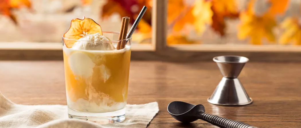 Glass of Apple Cider Float topped with icecream and cinnamon stick