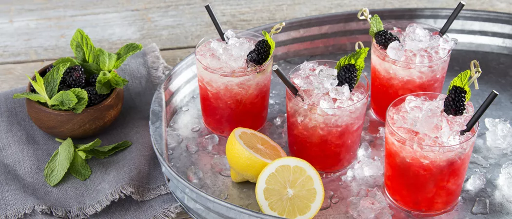 Four Glasses of Independence Spice garnished with skewered mint leaf and blackberry alongside few mint leaves and two half lemons on tray alongside bowl of mint leaves and mulberries