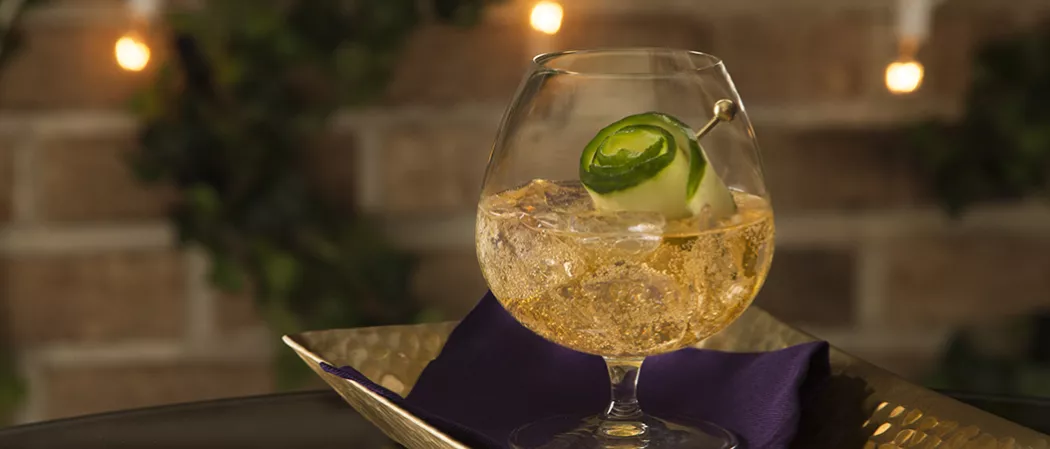 Glass of Cognac Summit garnished with cucumber peel and crushed ice, placed on a napkin on a tray