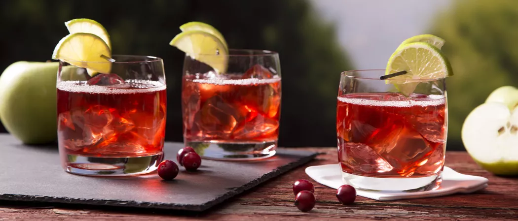 Three glasses of Orchard Twist garnished with lemon slices two on black tray and one on tissue alongside few craneberries.