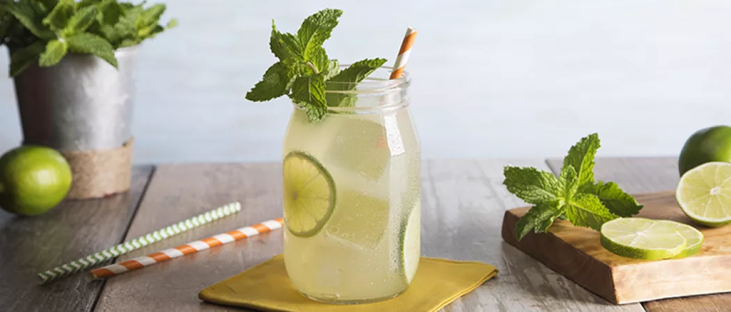 A jar of Handsome Ginger garnished with mint leaves, lime slices and a straw on a yellow coaster alongside two straws and a wooden board with mint leaves and lime slices.