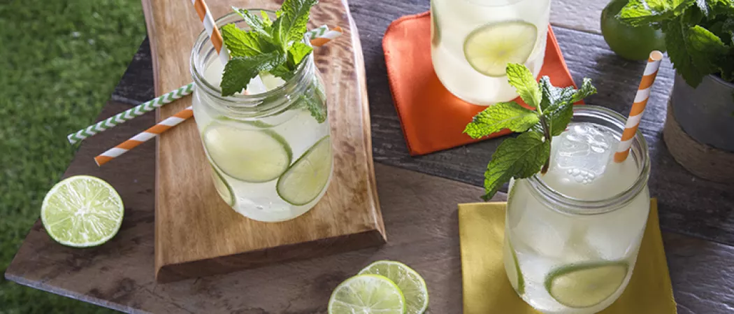  Two Handsome Ginger jars, one on a yellow coaster and the other on a wooden board, adorned with mint leaves, lime slices, and straws.