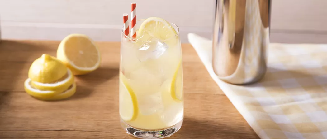 Glass of Vodka Lemonade garnished with lemon slices alongside some lime slices
