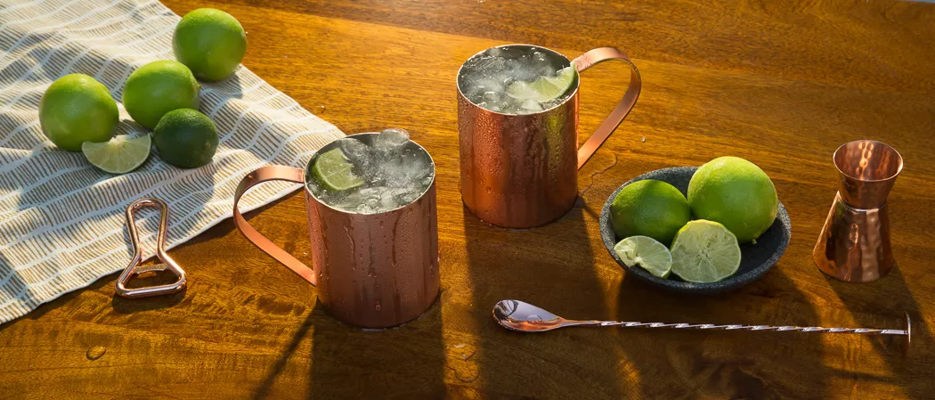Two copper cups of Pinnacle® Mule garnished with Lime Wedge along with a bowl of lemons and a stirrer with some chopped lemons