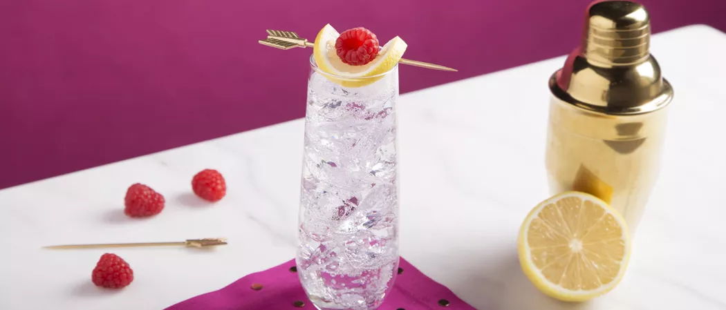 Glass of Citrus Fizz garnished with raspberry and lemon slice alongside few raspberries, a pick, half lemon and a shaker