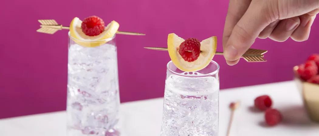 A person garnishing glass of Citrus Fizz garnished with raspberry and lemon slice skewered with pick alongside another glass of Citrus Fizz garnished with raspberry and lemon slice