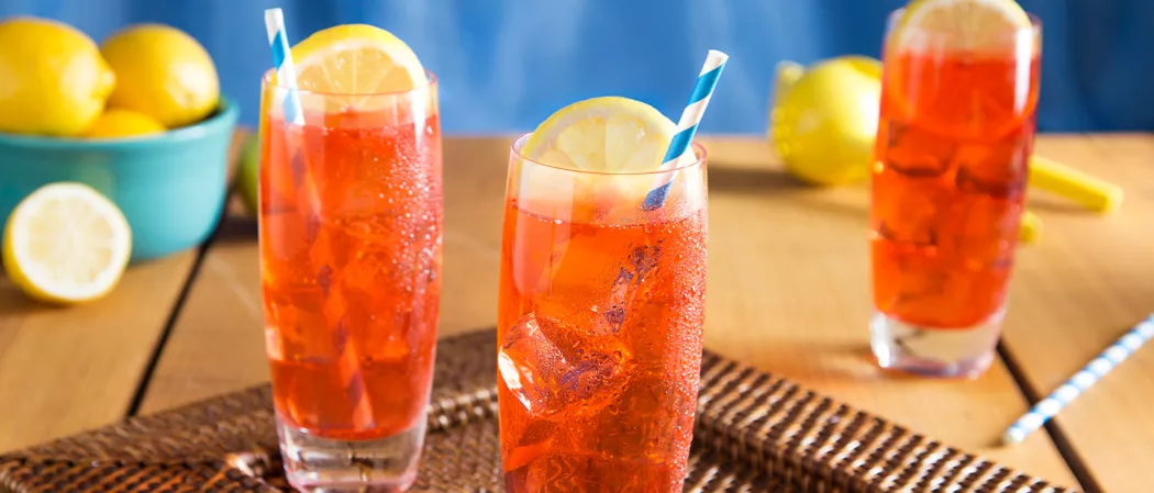 Two glasses of Sloe Gin Fizz, each garnished with a round lemon slice, ice cube, and a straw, are placed on a tray. Alongside glass of Sloe Gin Fizz, garnished with a lemon, accompanied by a bowl full of lemons