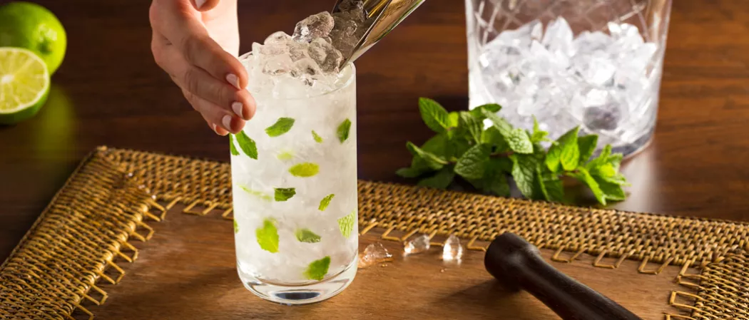Person adding ice cubes into glass of Classic Mojito alongside some mint leaves and a muddle