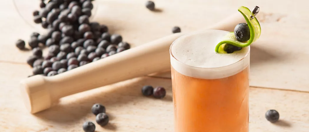 a glass of Blucumber Fizz garnished with cucumber and blueberries