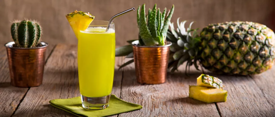 Glass of Midori® Cactus Juice with a straw, garnished with a pineapple wedge on a green napkin, alongside two cactus plants, a pineapple, and pineapple slices